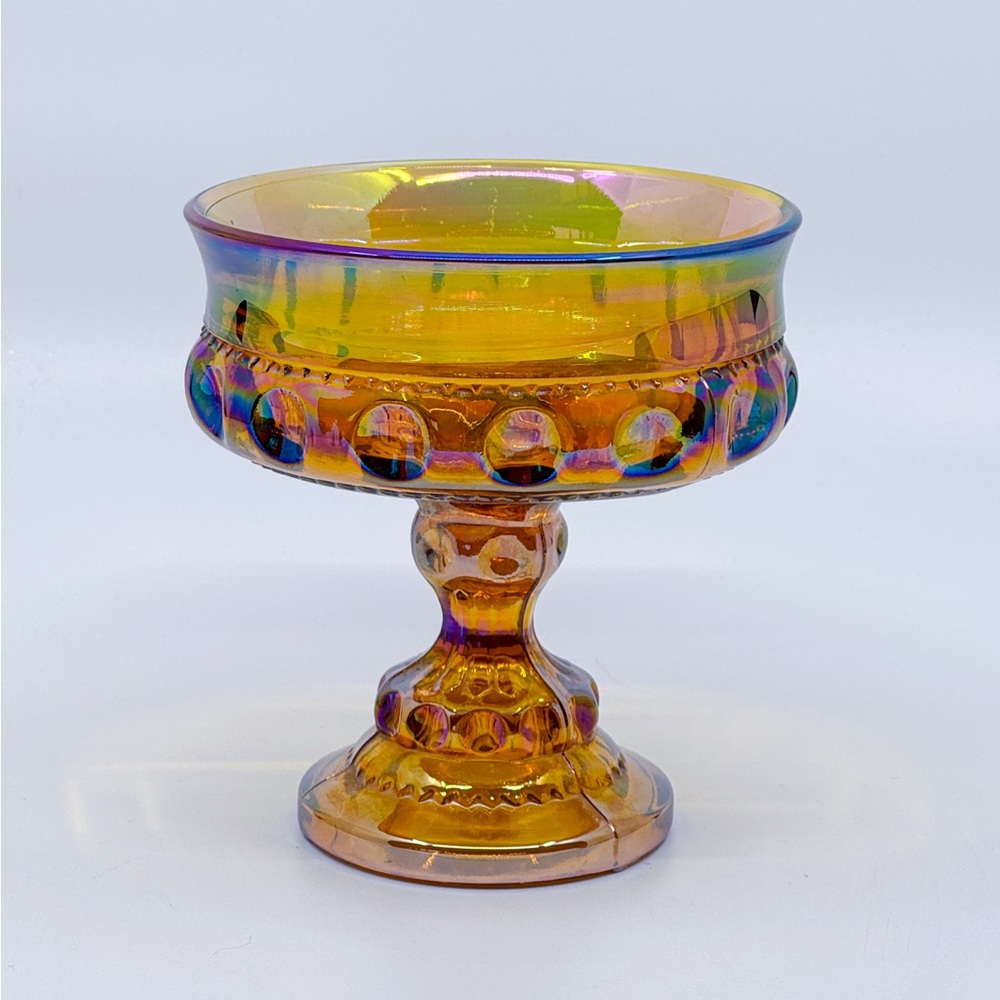 Vintage Indiana Glass Kings Crown Marigold Carnival Glass Compote Dish